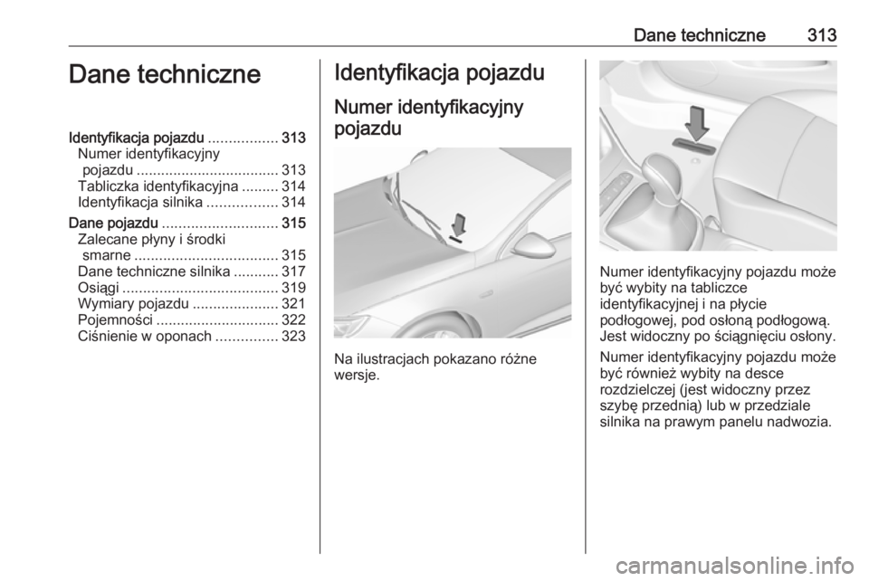 OPEL ASTRA K 2019.5  Instrukcja obsługi (in Polish) Dane techniczne313Dane techniczneIdentyfikacja pojazdu.................313
Numer identyfikacyjny pojazdu ................................... 313
Tabliczka identyfikacyjna .........314
Identyfikacja si
