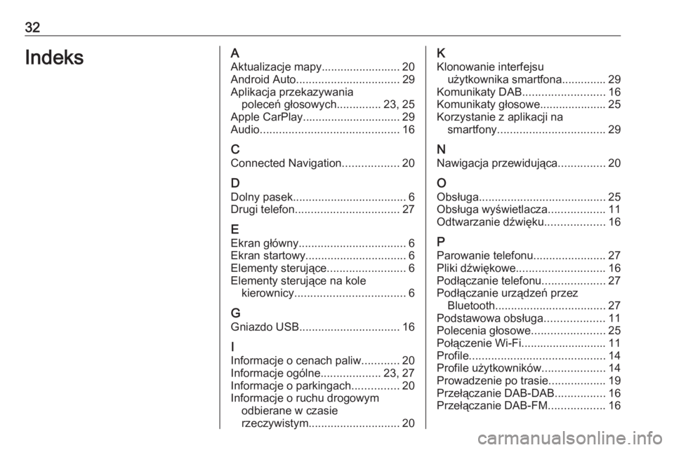 OPEL ASTRA K 2020  Instrukcja obsługi systemu audio-nawigacyjnego (in Polish) 32IndeksAAktualizacje mapy......................... 20
Android Auto ................................. 29
Aplikacja przekazywania poleceń głosowych ..............23, 25
Apple CarPlay.................