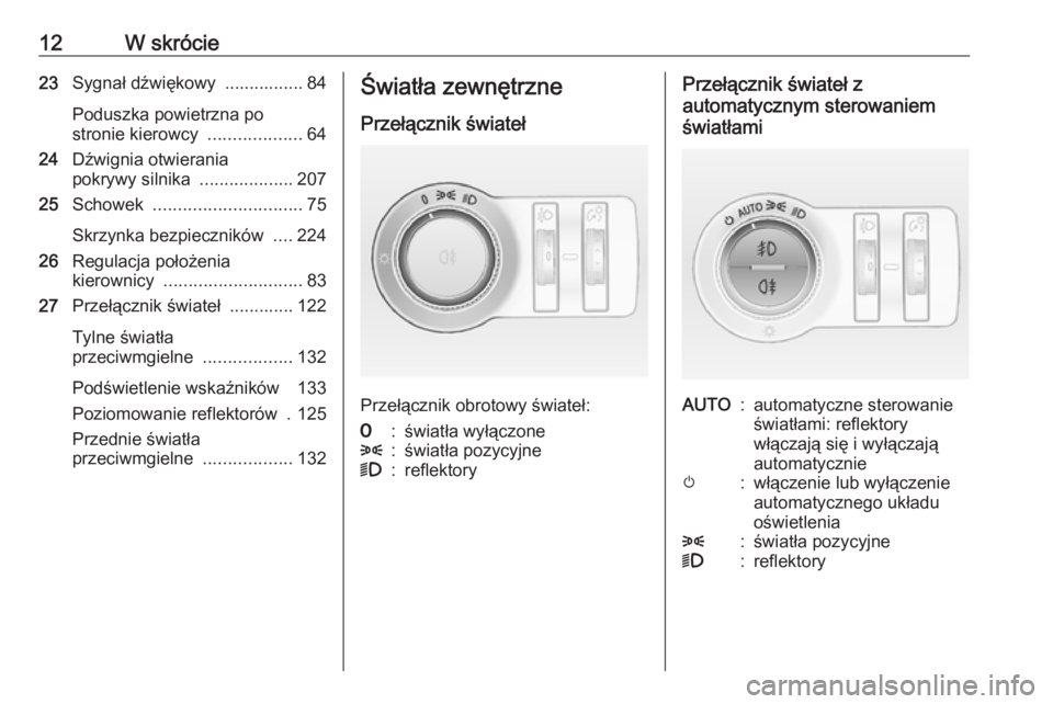 OPEL CASCADA 2019  Instrukcja obsługi (in Polish) 12W skrócie23Sygnał dźwiękowy  ................ 84
Poduszka powietrzna po
stronie kierowcy  ...................64
24 Dźwignia otwierania
pokrywy silnika  ...................207
25 Schowek  ......