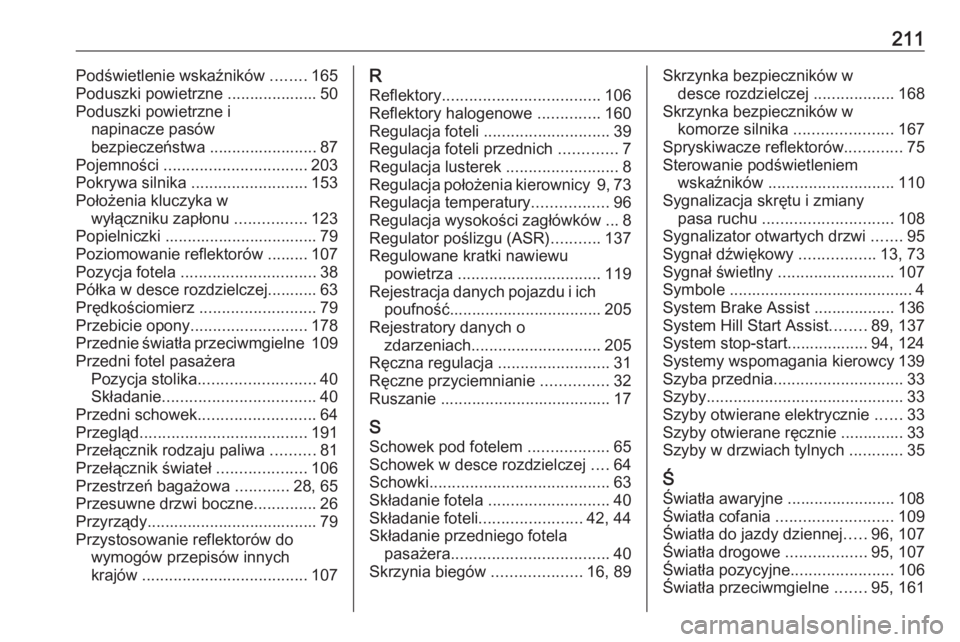 OPEL COMBO 2017  Instrukcja obsługi (in Polish) 211Podświetlenie wskaźników ........165
Poduszki powietrzne .................... 50
Poduszki powietrzne i napinacze pasów
bezpieczeństwa ........................ 87
Pojemności  .................