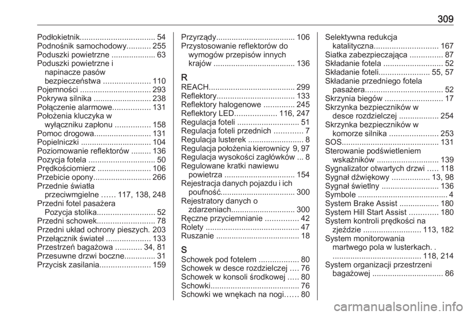 OPEL COMBO E 2019.75  Instrukcja obsługi (in Polish) 309Podłokietnik.................................. 54
Podnośnik samochodowy ...........255
Poduszki powietrzne .................... 63
Poduszki powietrzne i napinacze pasów
bezpieczeństwa  ........