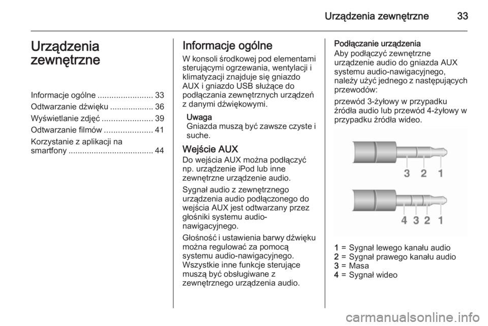 OPEL CORSA 2015  Instrukcja obsługi systemu audio-nawigacyjnego (in Polish) Urządzenia zewnętrzne33Urządzenia
zewnętrzneInformacje ogólne ........................33
Odtwarzanie dźwięku ................... 36
Wyświetlanie zdjęć ......................39
Odtwarzanie fi