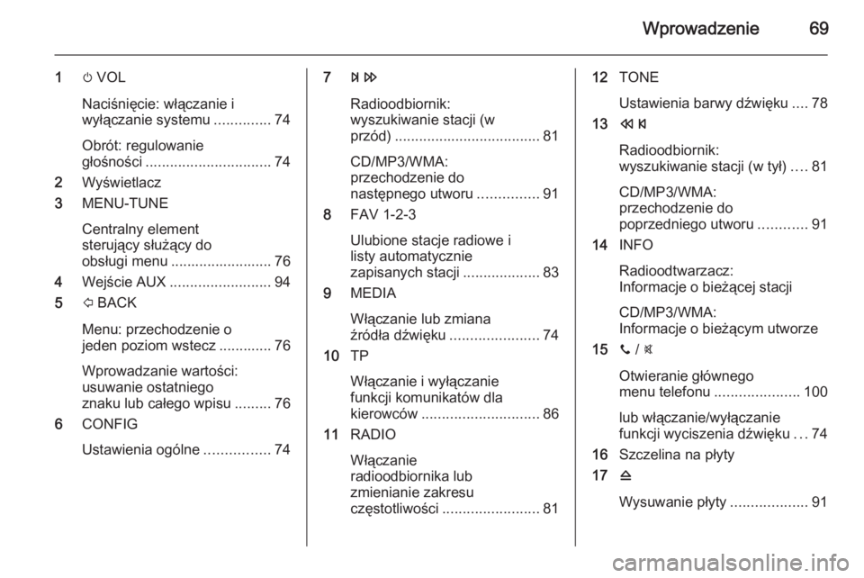 OPEL KARL 2016.5  Instrukcja obsługi systemu audio-nawigacyjnego (in Polish) Wprowadzenie69
1m VOL
Naciśnięcie: włączanie i
wyłączanie systemu ..............74
Obrót: regulowanie
głośności ............................... 74
2 Wyświetlacz
3 MENU-TUNE
Centralny elemen