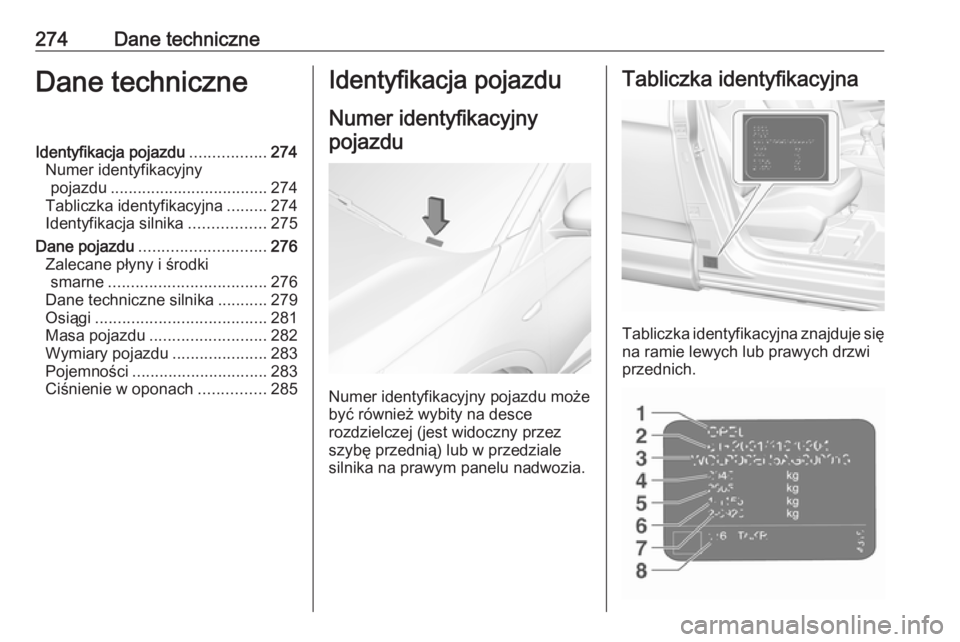 OPEL GRANDLAND X 2018.75  Instrukcja obsługi (in Polish) 274Dane techniczneDane techniczneIdentyfikacja pojazdu.................274
Numer identyfikacyjny pojazdu ................................... 274
Tabliczka identyfikacyjna .........274
Identyfikacja si