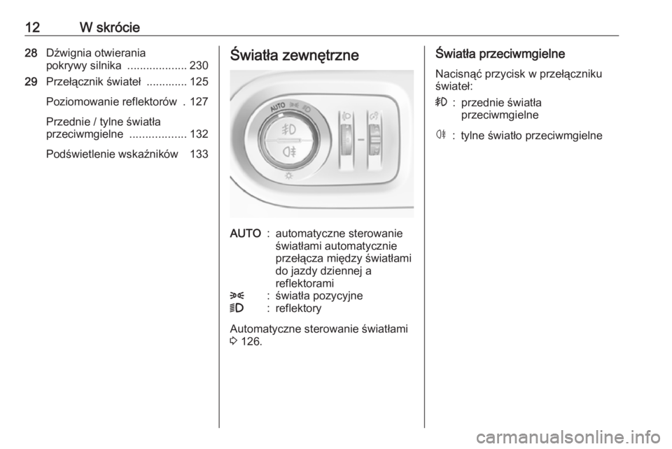 OPEL GRANDLAND X 2019  Instrukcja obsługi (in Polish) 12W skrócie28Dźwignia otwierania
pokrywy silnika  ...................230
29 Przełącznik świateł  ............. 125
Poziomowanie reflektorów  . 127
Przednie / tylne światła
przeciwmgielne  ...