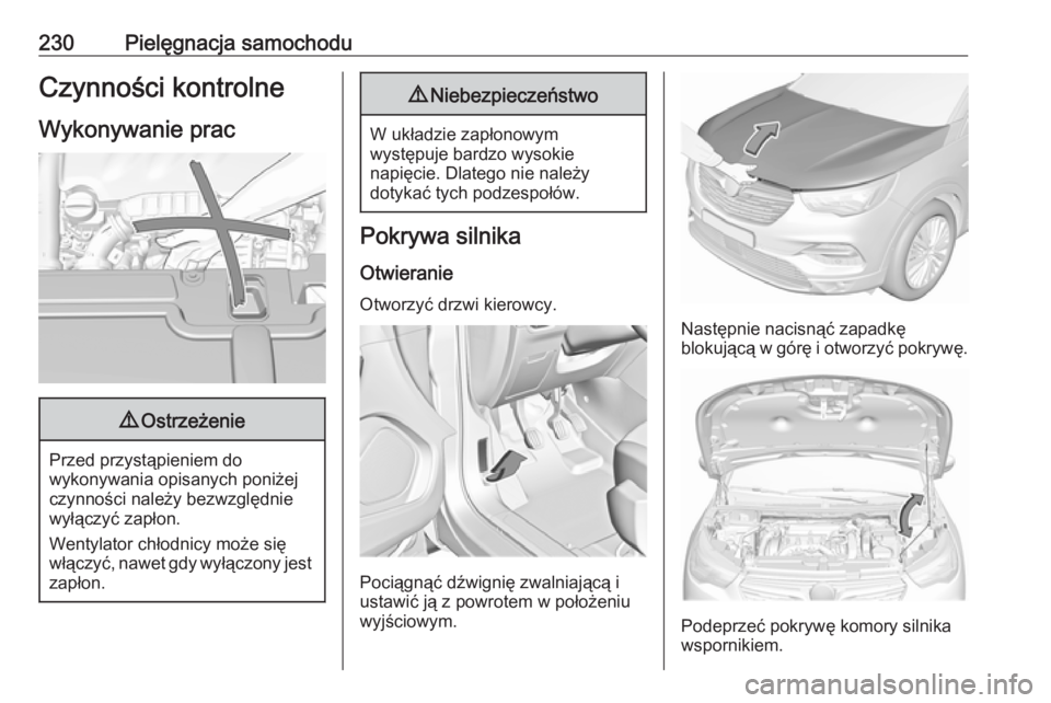 OPEL GRANDLAND X 2019  Instrukcja obsługi (in Polish) 230Pielęgnacja samochoduCzynności kontrolne
Wykonywanie prac9 Ostrzeżenie
Przed przystąpieniem do
wykonywania opisanych poniżej
czynności należy bezwzględnie
wyłączyć zapłon.
Wentylator ch