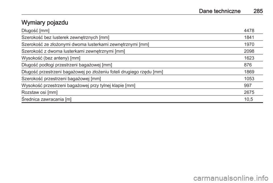 OPEL GRANDLAND X 2019  Instrukcja obsługi (in Polish) Dane techniczne285Wymiary pojazduDługość [mm]4478Szerokość bez lusterek zewnętrznych [mm]1841Szerokość ze złożonymi dwoma lusterkami zewnętrznymi [mm]1970Szerokość z dwoma lusterkami zewn