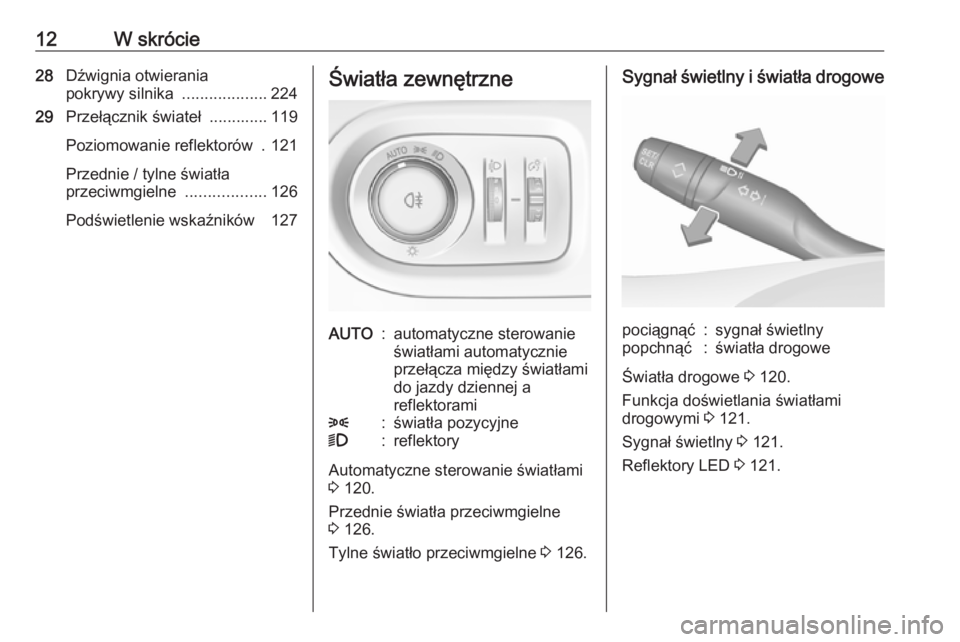 OPEL GRANDLAND X 2019.75  Instrukcja obsługi (in Polish) 12W skrócie28Dźwignia otwierania
pokrywy silnika  ...................224
29 Przełącznik świateł  ............. 119
Poziomowanie reflektorów  . 121
Przednie / tylne światła
przeciwmgielne  ...