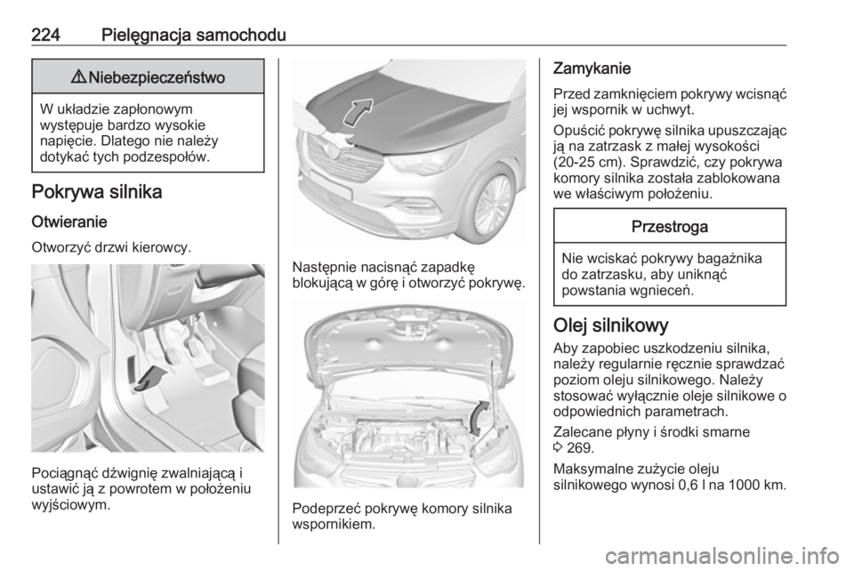 OPEL GRANDLAND X 2019.75 Instrukcja obsługi (in Polish) 224Pielęgnacja samochodu9Niebezpieczeństwo
W układzie zapłonowym
występuje bardzo wysokie
napięcie. Dlatego nie należy
dotykać tych podzespołów.
Pokrywa silnika
Otwieranie
Otworzyć drzwi ki OPEL GRANDLAND X 2019.75 Instrukcja obsługi (in Polish) 224Pielęgnacja samochodu9Niebezpieczeństwo
W układzie zapłonowym
występuje bardzo wysokie
napięcie. Dlatego nie należy
dotykać tych podzespołów.
Pokrywa silnika
Otwieranie
Otworzyć drzwi ki