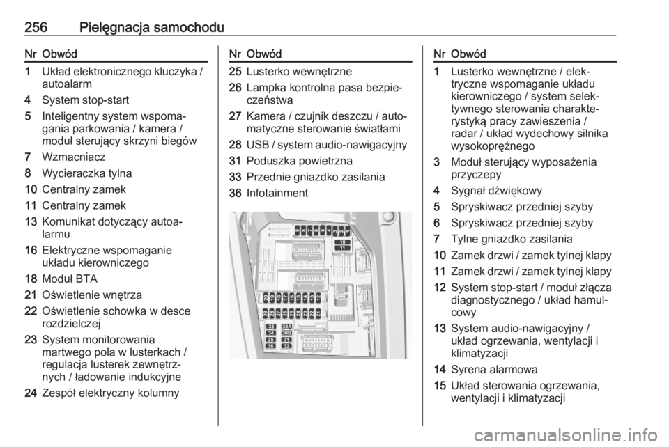 OPEL GRANDLAND X 2020  Instrukcja obsługi (in Polish) 256Pielęgnacja samochoduNrObwód1Układ elektronicznego kluczyka /
autoalarm4System stop-start5Inteligentny system wspoma‐
gania parkowania / kamera /
moduł sterujący skrzyni biegów7Wzmacniacz8W