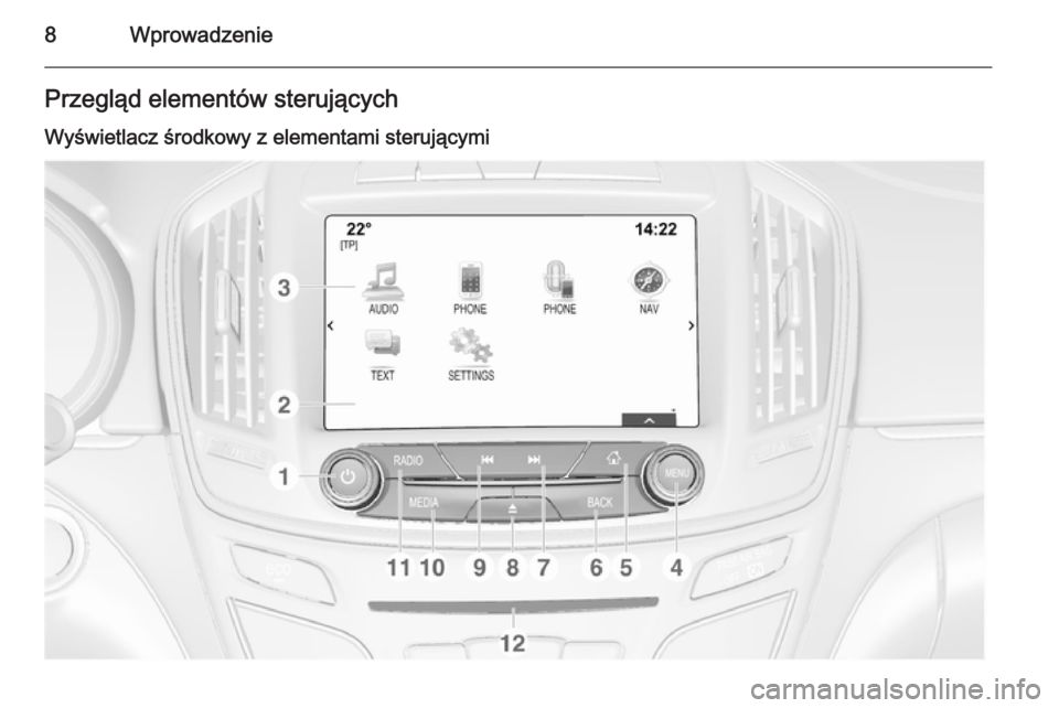 OPEL INSIGNIA 2014.5  Instrukcja obsługi systemu audio-nawigacyjnego (in Polish) 8WprowadzeniePrzegląd elementów sterujących
Wyświetlacz środkowy z elementami sterującymi 