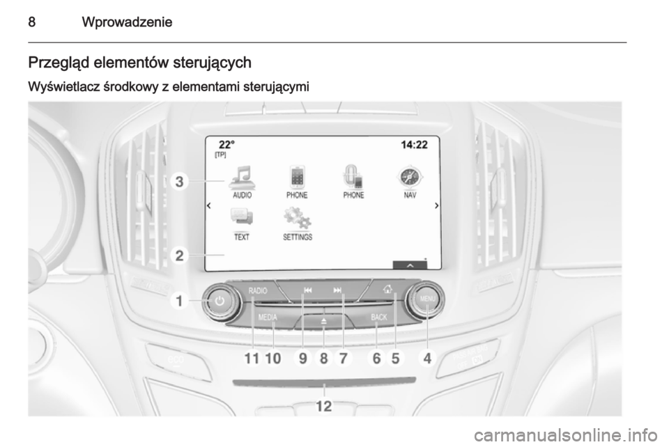 OPEL INSIGNIA 2014.5 Instrukcja obsługi systemu audio-nawigacyjnego (in Polish) 8WprowadzeniePrzegląd elementów sterujących
Wyświetlacz środkowy z elementami sterującymi OPEL INSIGNIA 2014.5 Instrukcja obsługi systemu audio-nawigacyjnego (in Polish) 8WprowadzeniePrzegląd elementów sterujących
Wyświetlacz środkowy z elementami sterującymi