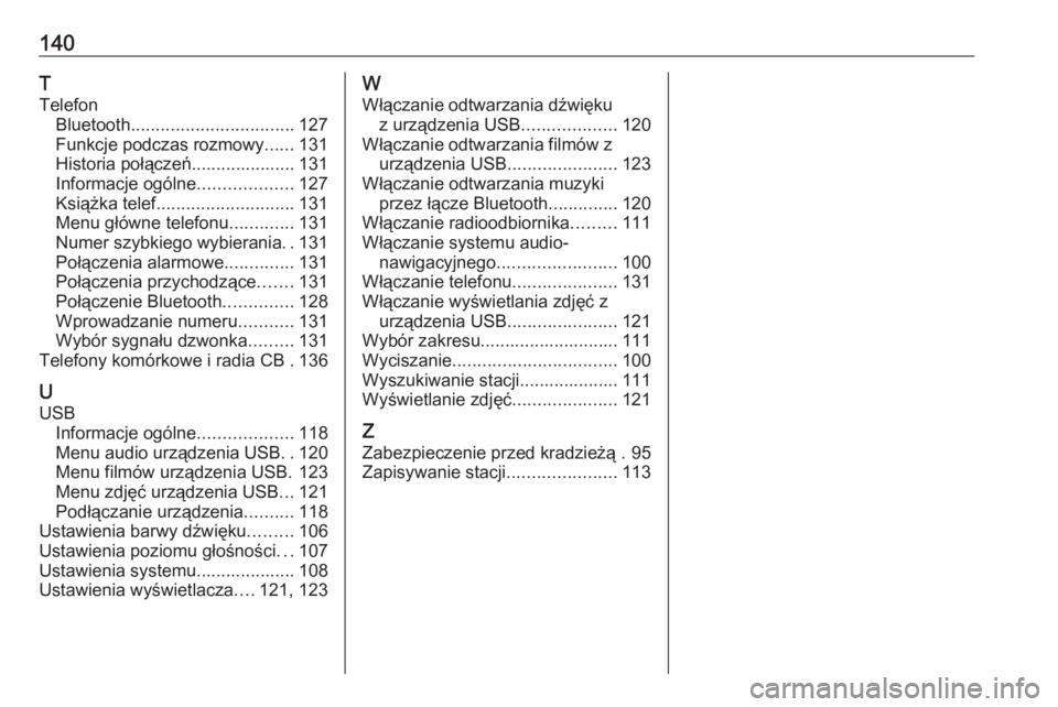 OPEL INSIGNIA BREAK 2017.5  Instrukcja obsługi systemu audio-nawigacyjnego (in Polish) 140T
Telefon Bluetooth ................................. 127
Funkcje podczas rozmowy ......131
Historia połączeń..................... 131
Informacje ogólne ...................127
Książka telef. 
