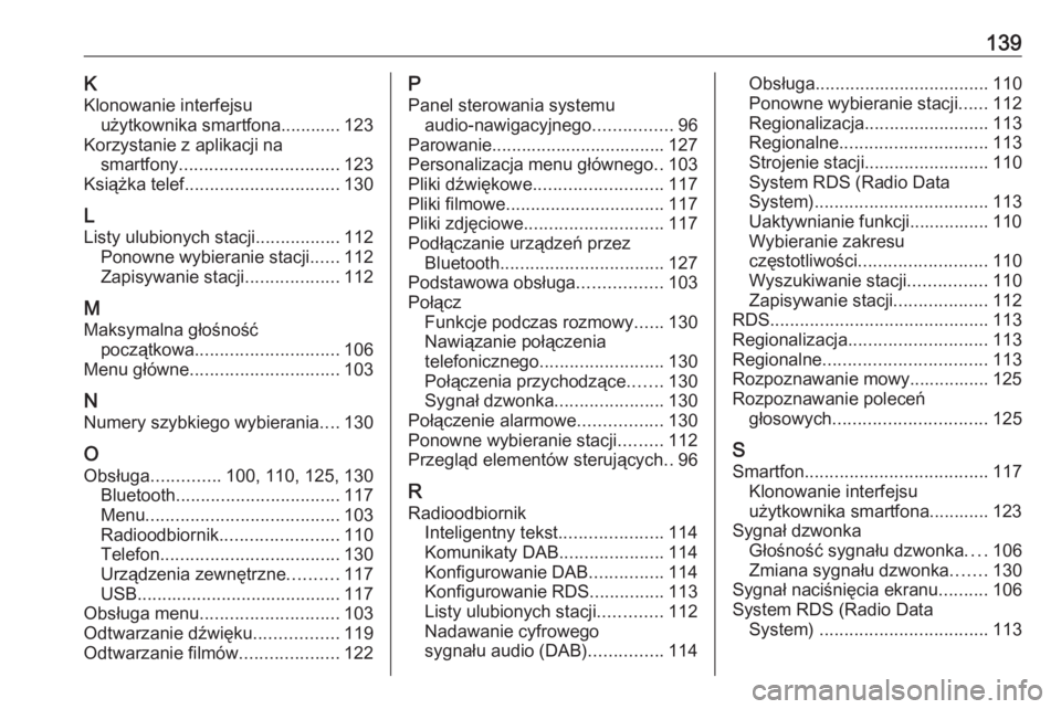 OPEL INSIGNIA BREAK 2017.75  Instrukcja obsługi systemu audio-nawigacyjnego (in Polish) 139KKlonowanie interfejsu użytkownika smartfona............ 123
Korzystanie z aplikacji na smartfony ................................ 123
Książka telef. .............................. 130
L
Listy u