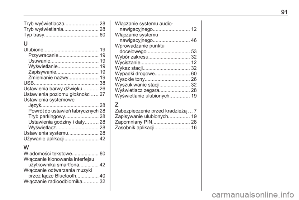 OPEL INSIGNIA BREAK 2018.5  Instrukcja obsługi systemu audio-nawigacyjnego (in Polish) 91Tryb wyświetlacza........................28
Tryb wyświetlania .........................28
Typ trasy ....................................... 60
U Ulubione ....................................... 19