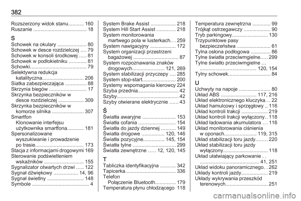 OPEL INSIGNIA BREAK 2019  Instrukcja obsługi (in Polish) 382Rozszerzony widok stanu...........160
Ruszanie ...................................... 18
S Schowek na okulary  ....................80
Schowek w desce rozdzielczej  ....79
Schowek w konsoli środkow