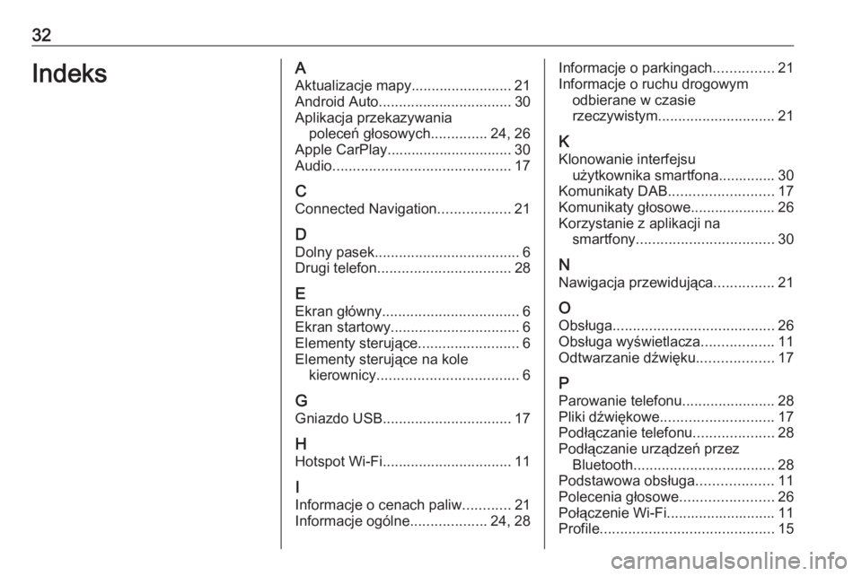 OPEL INSIGNIA BREAK 2019.5  Instrukcja obsługi systemu audio-nawigacyjnego (in Polish) 32IndeksAAktualizacje mapy......................... 21
Android Auto ................................. 30
Aplikacja przekazywania poleceń głosowych ..............24, 26
Apple CarPlay.................