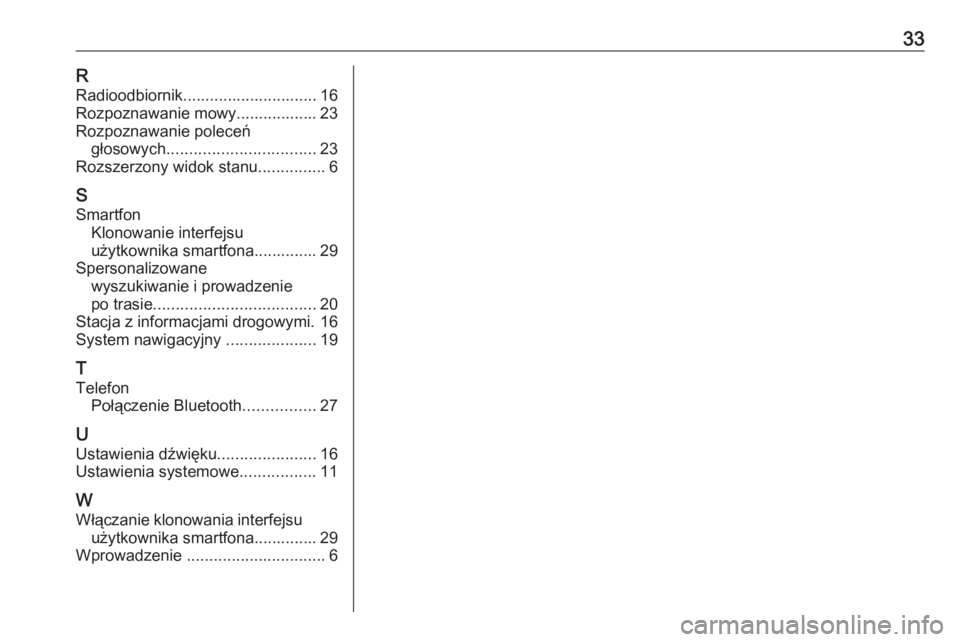 OPEL INSIGNIA BREAK 2020  Instrukcja obsługi systemu audio-nawigacyjnego (in Polish) 33RRadioodbiornik.............................. 16
Rozpoznawanie mowy.................. 23
Rozpoznawanie poleceń głosowych ................................. 23
Rozszerzony widok stanu ..............