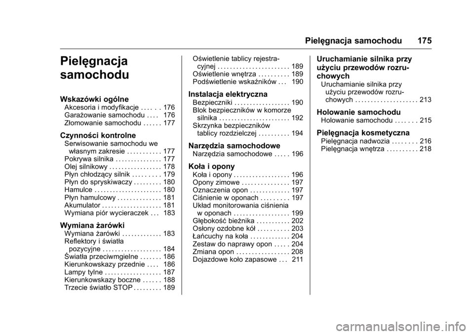 OPEL KARL 2016  Instrukcja obsługi (in Polish) OPEL Karl Owner Manual (GMK-Localizing-EU LHD-9231167) - 2016 -
CRC - 9/9/15
Pielęgnacja samochodu 175
Pielęgnacja
samochodu
Wskazówki ogólne
Akcesoria i modyfikacje . . . . . . 176
Garażowanie s