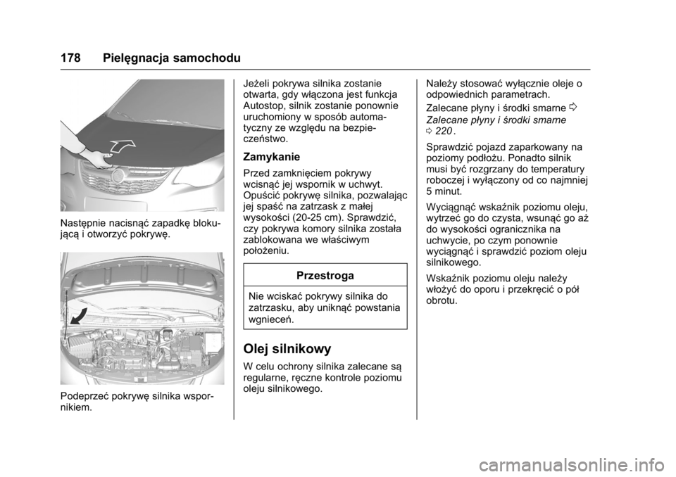 OPEL KARL 2016  Instrukcja obsługi (in Polish) OPEL Karl Owner Manual (GMK-Localizing-EU LHD-9231167) - 2016 -
CRC - 9/9/15
178 Pielęgnacja samochodu
Następnie nacisnąćzapadkębloku-
jącą i otworzyć pokrywę.
Podeprzeć pokrywęsilnika wspo