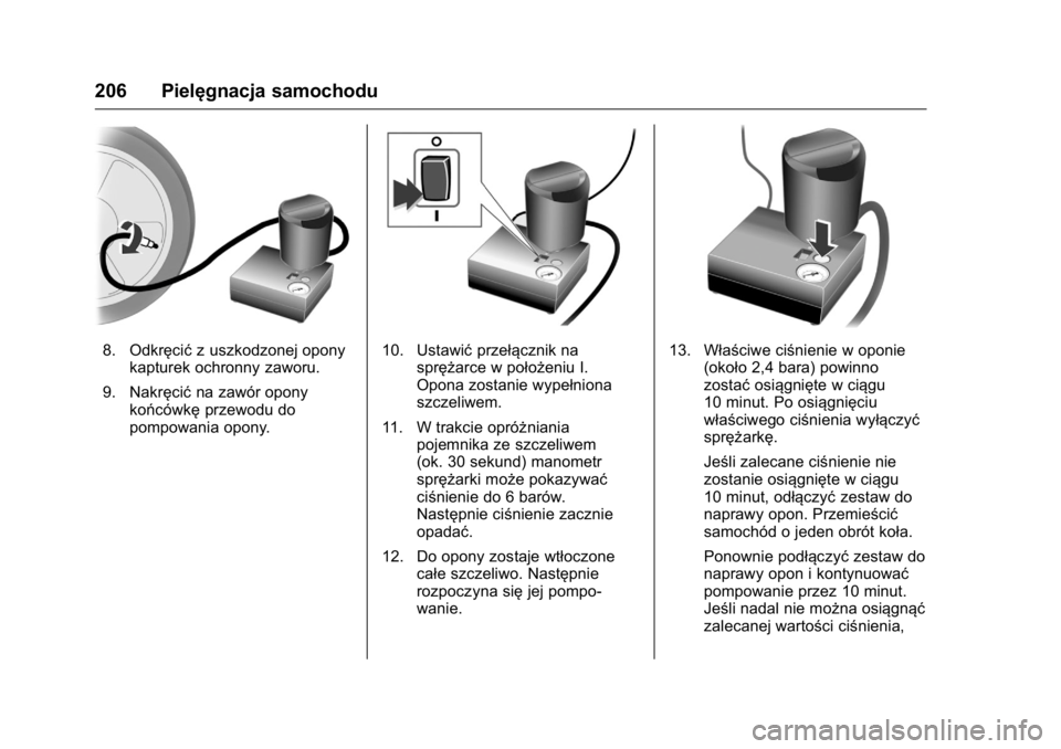 OPEL KARL 2016  Instrukcja obsługi (in Polish) OPEL Karl Owner Manual (GMK-Localizing-EU LHD-9231167) - 2016 -
CRC - 9/9/15
206 Pielęgnacja samochodu
8. Odkręcićz uszkodzonej opony
kapturek ochronny zaworu.
9. Nakręcić na zawór opony
końcó