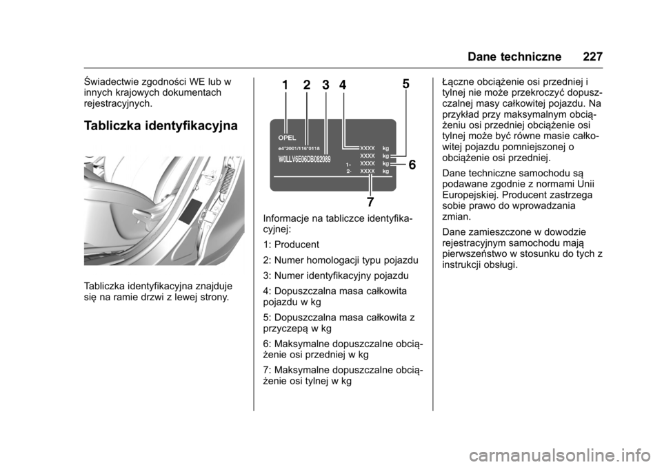 OPEL KARL 2016  Instrukcja obsługi (in Polish) OPEL Karl Owner Manual (GMK-Localizing-EU LHD-9231167) - 2016 -
CRC - 9/9/15
Dane techniczne 227
Świadectwie zgodności WE lub w
innych krajowych dokumentach
rejestracyjnych.
Tabliczka identyfikacyjn