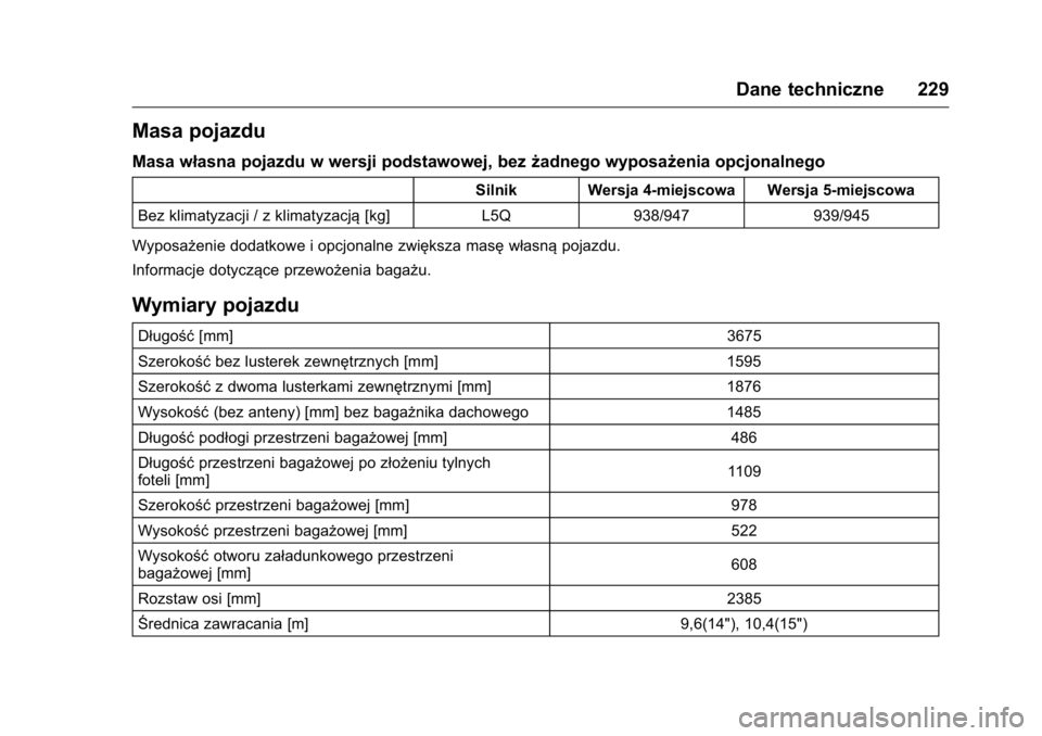 OPEL KARL 2016  Instrukcja obsługi (in Polish) OPEL Karl Owner Manual (GMK-Localizing-EU LHD-9231167) - 2016 -
CRC - 9/9/15
Dane techniczne 229
Masa pojazdu
Masa własna pojazdu w wersji podstawowej, bezżadnego wyposażenia opcjonalnego
Silnik We