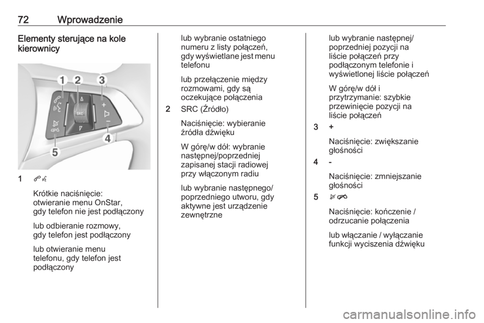 OPEL KARL 2019  Instrukcja obsługi systemu audio-nawigacyjnego (in Polish) 72WprowadzenieElementy sterujące na kole
kierownicy
1 qw
Krótkie naciśnięcie:
otwieranie menu OnStar,
gdy telefon nie jest podłączony
lub odbieranie rozmowy,
gdy telefon jest podłączony
lub ot