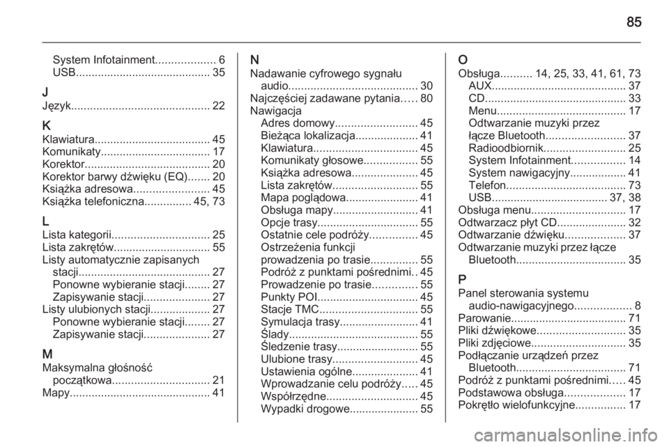 OPEL MERIVA 2015  Instrukcja obsługi systemu audio-nawigacyjnego (in Polish) 85
System Infotainment...................6
USB ........................................... 35
J Język ............................................ 22
K Klawiatura ....................................