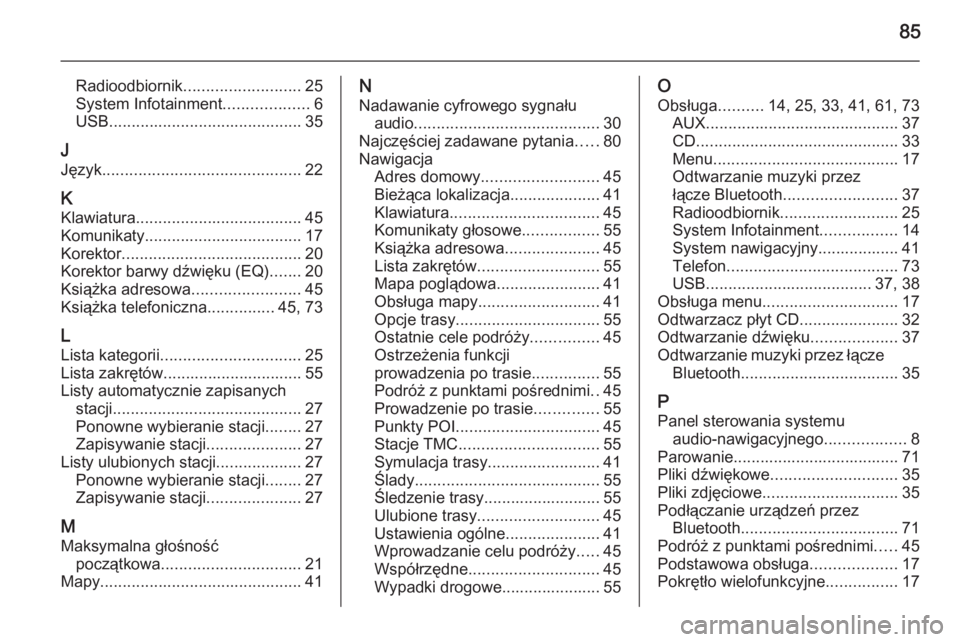 OPEL MERIVA 2015.5  Instrukcja obsługi systemu audio-nawigacyjnego (in Polish) 85
Radioodbiornik.......................... 25
System Infotainment ...................6
USB ........................................... 35
J Język ............................................ 22
K Kl