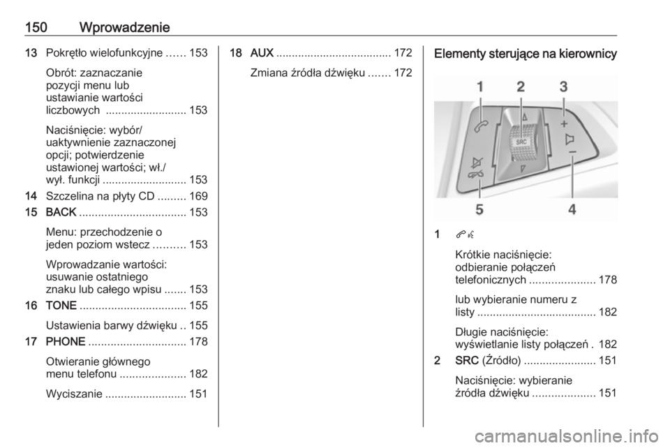 OPEL MERIVA 2016 Instrukcja obsługi systemu audio-nawigacyjnego (in Polish) 150Wprowadzenie13Pokrętło wielofunkcyjne ......153
Obrót: zaznaczanie
pozycji menu lub
ustawianie wartości
liczbowych .......................... 153
Naciśnięcie: wybór/
uaktywnienie zaznaczone OPEL MERIVA 2016 Instrukcja obsługi systemu audio-nawigacyjnego (in Polish) 150Wprowadzenie13Pokrętło wielofunkcyjne ......153
Obrót: zaznaczanie
pozycji menu lub
ustawianie wartości
liczbowych .......................... 153
Naciśnięcie: wybór/
uaktywnienie zaznaczone