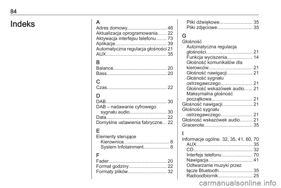 OPEL MERIVA 2016 Instrukcja obsługi systemu audio-nawigacyjnego (in Polish) 84IndeksAAdres domowy .............................. 46
Aktualizacja oprogramowania ......22
Aktywacja interfejsu telefonu ........73
Aplikacje ....................................... 39
Automatyczna OPEL MERIVA 2016 Instrukcja obsługi systemu audio-nawigacyjnego (in Polish) 84IndeksAAdres domowy .............................. 46
Aktualizacja oprogramowania ......22
Aktywacja interfejsu telefonu ........73
Aplikacje ....................................... 39
Automatyczna