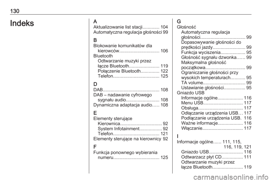 OPEL MOKKA 2016  Instrukcja obsługi systemu audio-nawigacyjnego (in Polish) 130IndeksAAktualizowanie list stacji .............104
Automatyczna regulacja głośności 99
B
Blokowanie komunikatów dla kierowców ............................... 106
Bluetooth Odtwarzanie muzyki p