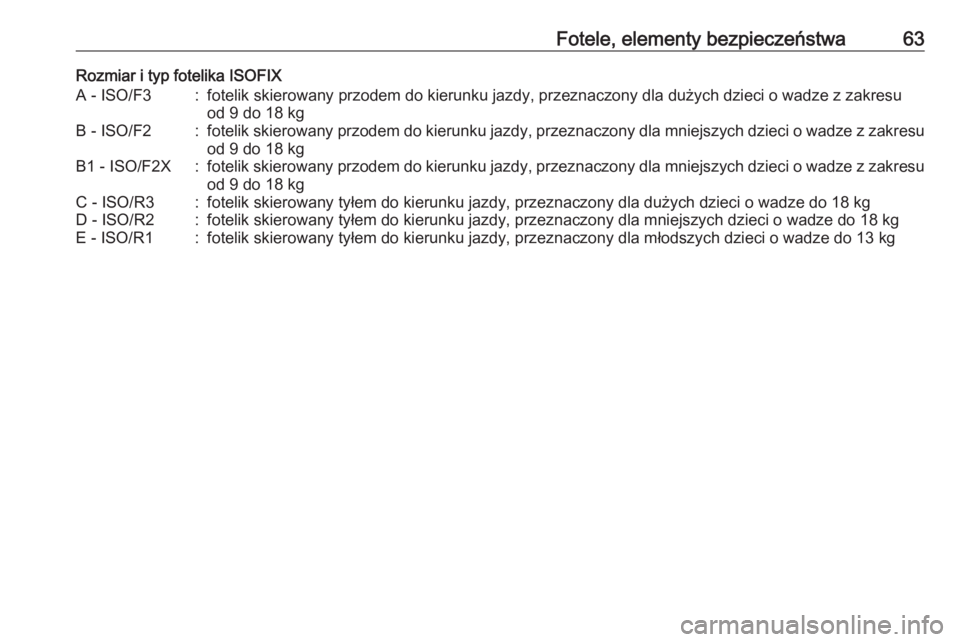 OPEL MOKKA X 2018.5  Instrukcja obsługi systemu audio-nawigacyjnego (in Polish) Fotele, elementy bezpieczeństwa63Rozmiar i typ fotelika ISOFIXA - ISO/F3:fotelik skierowany przodem do kierunku jazdy, przeznaczony dla dużych dzieci o wadze z zakresu
od 9 do 18 kgB - ISO/F2:foteli