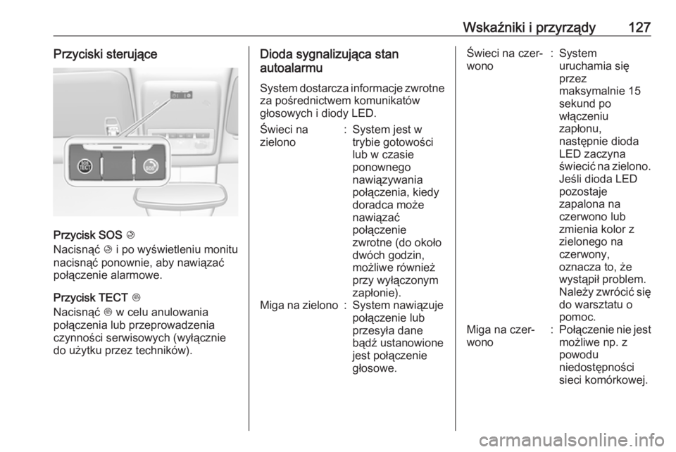 OPEL MOKKA X 2019 Instrukcja obsługi (in Polish) Wskaźniki i przyrządy127Przyciski sterujące
Przycisk SOS K
Nacisnąć K i po wyświetleniu monitu
nacisnąć ponownie, aby nawiązać
połączenie alarmowe.
Przycisk TECT J
Nacisnąć J w celu a OPEL MOKKA X 2019 Instrukcja obsługi (in Polish) Wskaźniki i przyrządy127Przyciski sterujące
Przycisk SOS K
Nacisnąć K i po wyświetleniu monitu
nacisnąć ponownie, aby nawiązać
połączenie alarmowe.
Przycisk TECT J
Nacisnąć J w celu a
