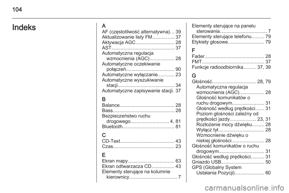 OPEL VIVARO B 2014.5  Instrukcja obsługi systemu audio-nawigacyjnego (in Polish) 104IndeksAAF (częstotliwość alternatywna) ...39
Aktualizowanie listy FM ................37
Aktywacja AGC............................. 28
AST............................................... 37
Automa