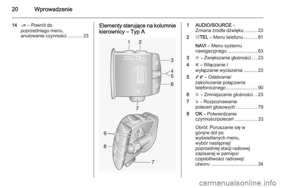 OPEL MOVANO_B 2014.5  Instrukcja obsługi systemu audio-nawigacyjnego (in Polish) 20Wprowadzenie
14/ – Powrót do
poprzedniego menu,
anulowanie czynności ...........23Elementy sterujące na kolumnie
kierownicy – Typ A1 AUDIO/SOURCE  –
Zmiana źródła dźwięku .........23
2