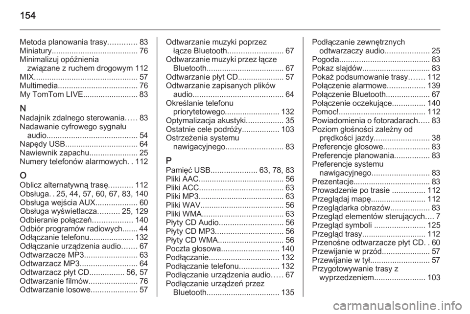 OPEL VIVARO B 2015.5  Instrukcja obsługi systemu audio-nawigacyjnego (in Polish) 154
Metoda planowania trasy.............83
Miniatury ....................................... 76
Minimalizuj opóźnienia związane z ruchem drogowym 112
MIX ...........................................