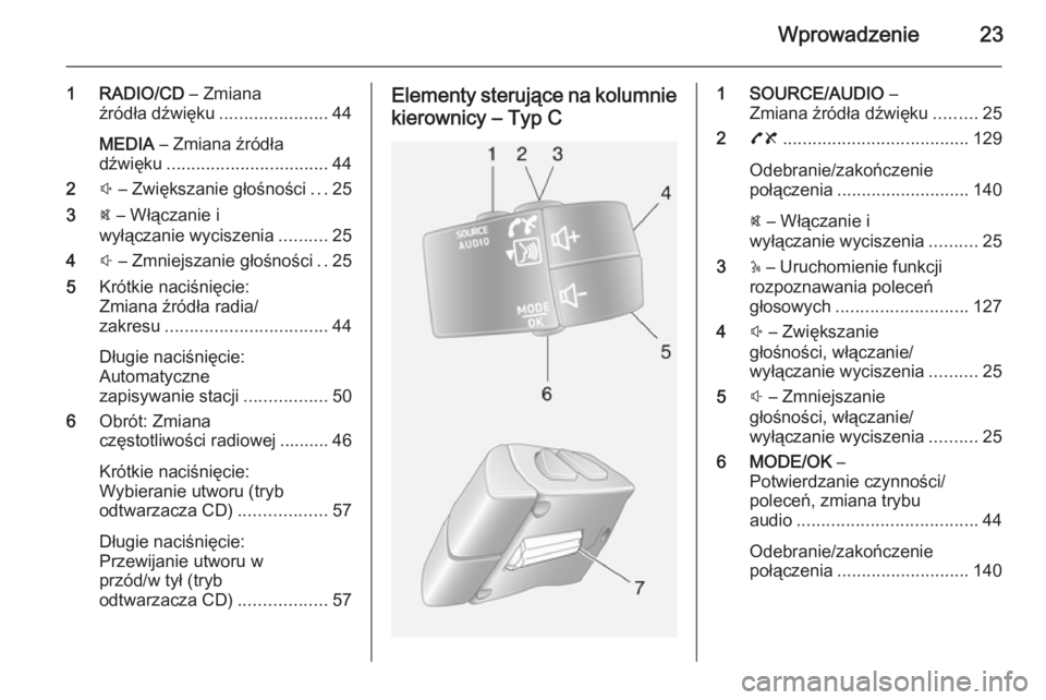 OPEL MOVANO_B 2015.5  Instrukcja obsługi systemu audio-nawigacyjnego (in Polish) Wprowadzenie23
1 RADIO/CD – Zmiana
źródła dźwięku ......................44
MEDIA  – Zmiana źródła
dźwięku ................................. 44
2 ! – Zwiększanie głośności ...25
3 @