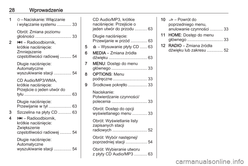 OPEL MOVANO_B 2016.5  Instrukcja obsługi systemu audio-nawigacyjnego (in Polish) 28Wprowadzenie1m – Naciskanie: Włączanie
i wyłączanie systemu ............33
Obrót: Zmiana poziomu
głośności ............................... 33
2 2 – Radioodbiornik,
krótkie naciśnięcie