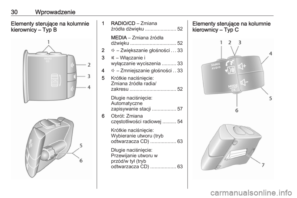 OPEL MOVANO_B 2016.5  Instrukcja obsługi systemu audio-nawigacyjnego (in Polish) 30WprowadzenieElementy sterujące na kolumnie
kierownicy – Typ B1 RADIO/CD  – Zmiana
źródła dźwięku ......................52
MEDIA  – Zmiana źródła
dźwięku ............................