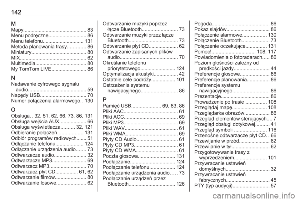 OPEL VIVARO B 2018  Instrukcja obsługi systemu audio-nawigacyjnego (in Polish) 142MMapy ............................................. 83
Menu podręczne ........................... 86
Menu telefonu ............................. 131
Metoda planowania trasy .............86
Miniatu