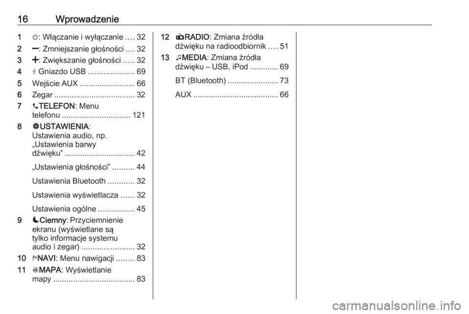 OPEL MOVANO_B 2018  Instrukcja obsługi systemu audio-nawigacyjnego (in Polish) 16Wprowadzenie1m: Włączanie i wyłączanie ....32
2 ]: Zmniejszanie głośności ....32
3 <: Zwiększanie głośności .....32
4 M Gniazdo USB .....................69
5 Wejście AUX ................