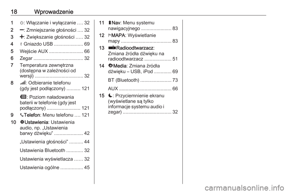 OPEL MOVANO_B 2018  Instrukcja obsługi systemu audio-nawigacyjnego (in Polish) 18Wprowadzenie1m: Włączanie i wyłączanie ....32
2 ]: Zmniejszanie głośności ....32
3 <: Zwiększanie głośności .....32
4 M Gniazdo USB .....................69
5 Wejście AUX ................