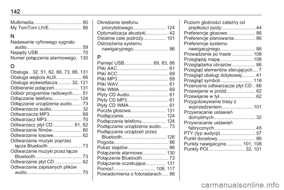 OPEL MOVANO_B 2018.5  Instrukcja obsługi systemu audio-nawigacyjnego (in Polish) 142Multimedia.................................... 80
My TomTom LIVE......................... 86
N Nadawanie cyfrowego sygnału audio ......................................... 59
Napędy USB ..........