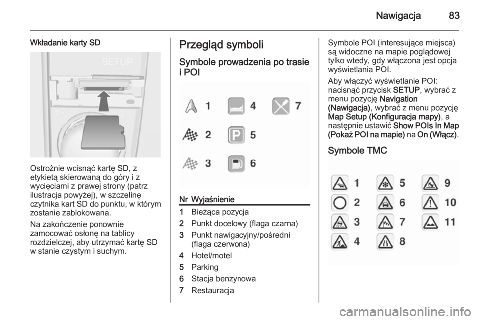 OPEL ZAFIRA B 2014.5 Instrukcja obsługi systemu audio-nawigacyjnego (in Polish) Nawigacja83
Wkładanie karty SD
Ostrożnie wcisnąć kartę SD, z
etykietą skierowaną do góry i z
wycięciami z prawej strony (patrz
ilustracja powyżej), w szczelinę
czytnika kart SD do punktu, w OPEL ZAFIRA B 2014.5 Instrukcja obsługi systemu audio-nawigacyjnego (in Polish) Nawigacja83
Wkładanie karty SD
Ostrożnie wcisnąć kartę SD, z
etykietą skierowaną do góry i z
wycięciami z prawej strony (patrz
ilustracja powyżej), w szczelinę
czytnika kart SD do punktu, w