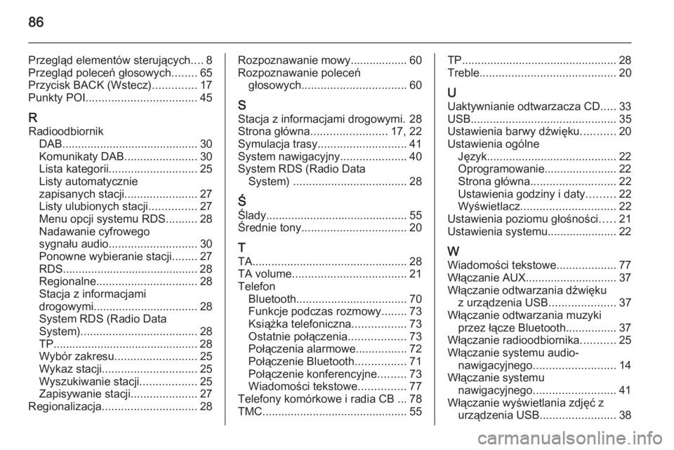 OPEL ZAFIRA C 2015  Instrukcja obsługi systemu audio-nawigacyjnego (in Polish) 86
Przegląd elementów sterujących....8
Przegląd poleceń głosowych ........65
Przycisk BACK (Wstecz) ..............17
Punkty POI ................................... 45
R Radioodbiornik DAB ......