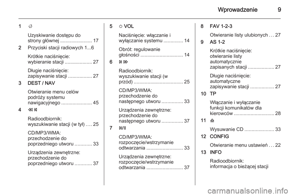 OPEL ZAFIRA C 2015.5  Instrukcja obsługi systemu audio-nawigacyjnego (in Polish) Wprowadzenie9
1;
Uzyskiwanie dostępu do
strony głównej ....................... 17
2 Przyciski stacji radiowych 1...6
Krótkie naciśnięcie:
wybieranie stacji .................... 27
Długie naciś