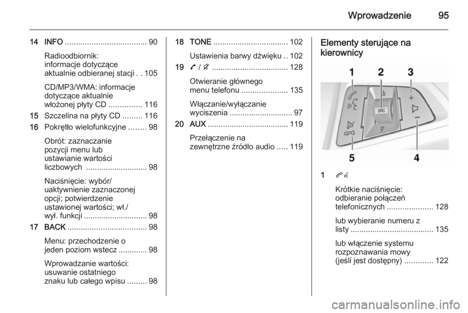 OPEL ZAFIRA C 2015.5  Instrukcja obsługi systemu audio-nawigacyjnego (in Polish) Wprowadzenie95
14 INFO..................................... 90
Radioodbiornik:
informacje dotyczące
aktualnie odbieranej stacji ..105
CD/MP3/WMA: informacje dotyczące aktualnie
włożonej płyty CD 