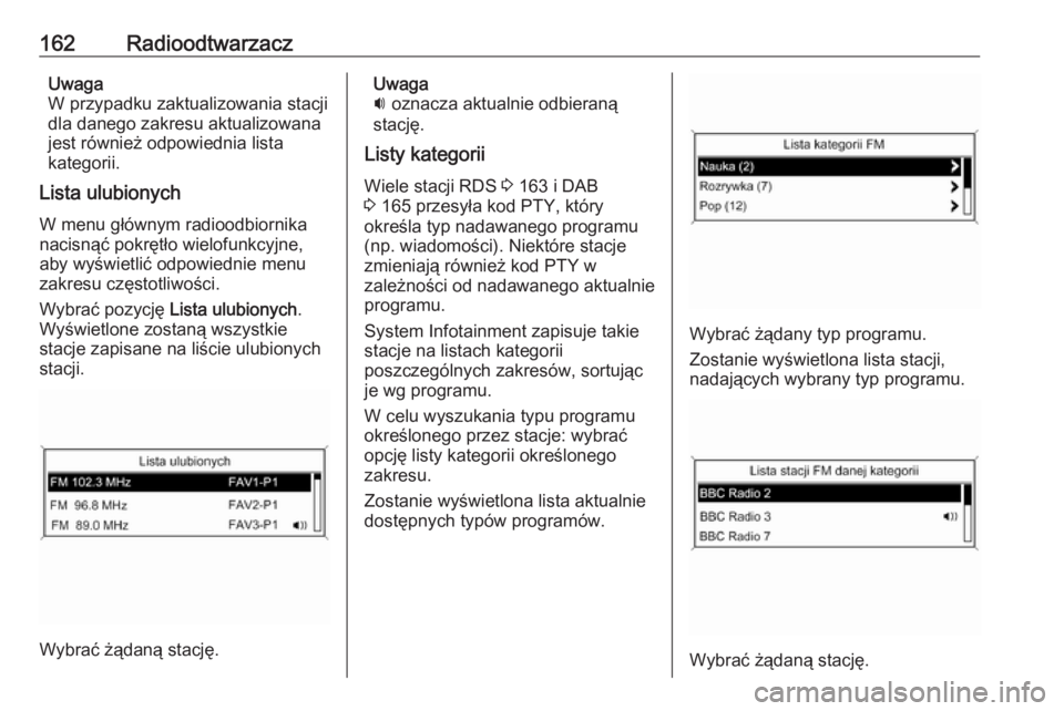 OPEL ZAFIRA C 2016.5  Instrukcja obsługi systemu audio-nawigacyjnego (in Polish) 162RadioodtwarzaczUwaga
W przypadku zaktualizowania stacji
dla danego zakresu aktualizowana
jest również odpowiednia lista
kategorii.
Lista ulubionych
W menu głównym radioodbiornika
nacisnąć pok